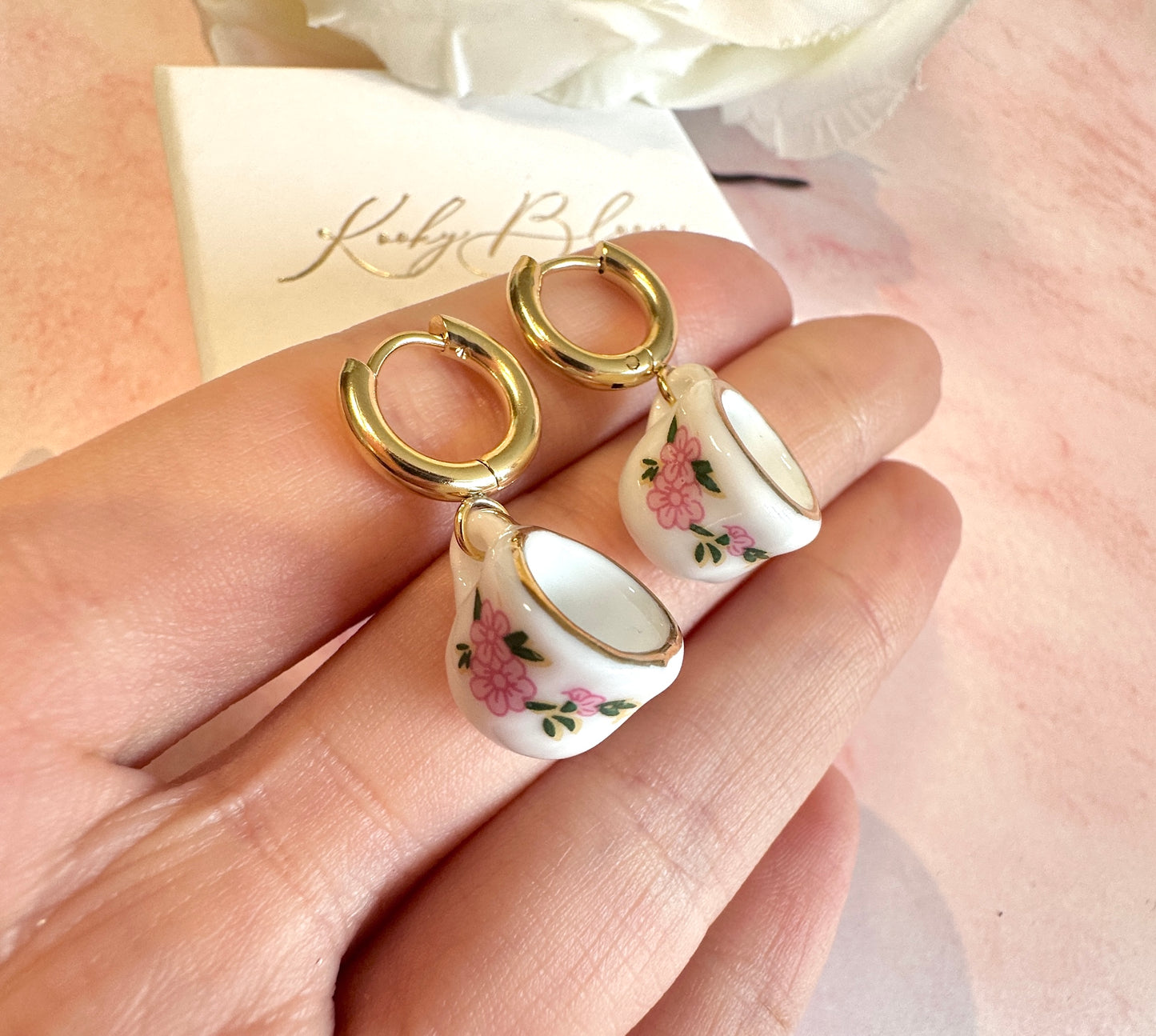 Pink Floral ceramic Teacup earrings.