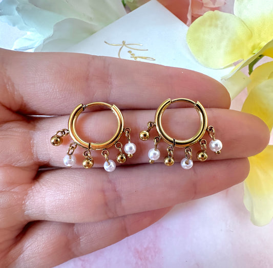 Gold Pearl chandelier huggie hoop earrings.