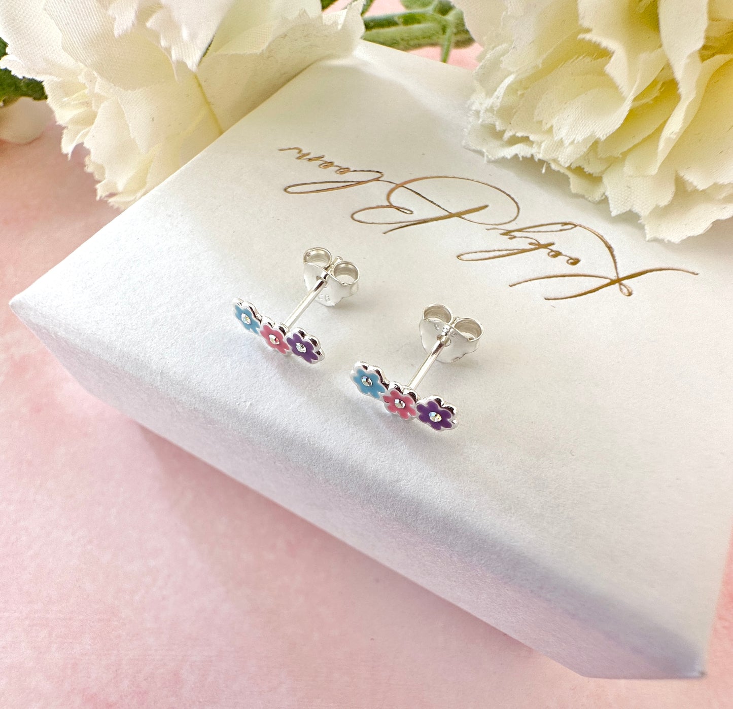 925 Sterling silver Colourful triple flower stud earrings.