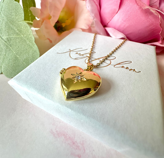 Gold CZ stone Heart Locket Necklace.