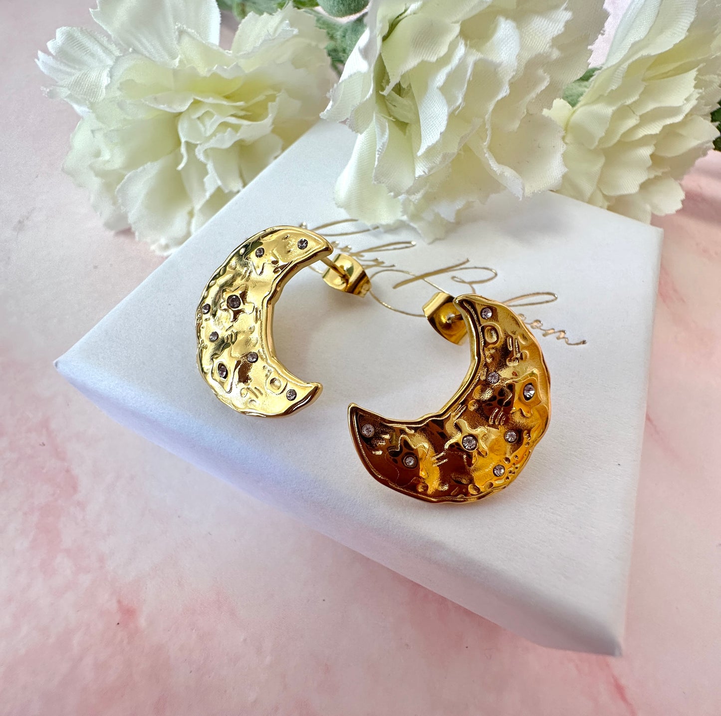 Gold oversized organ CZ Moon stud earrings .