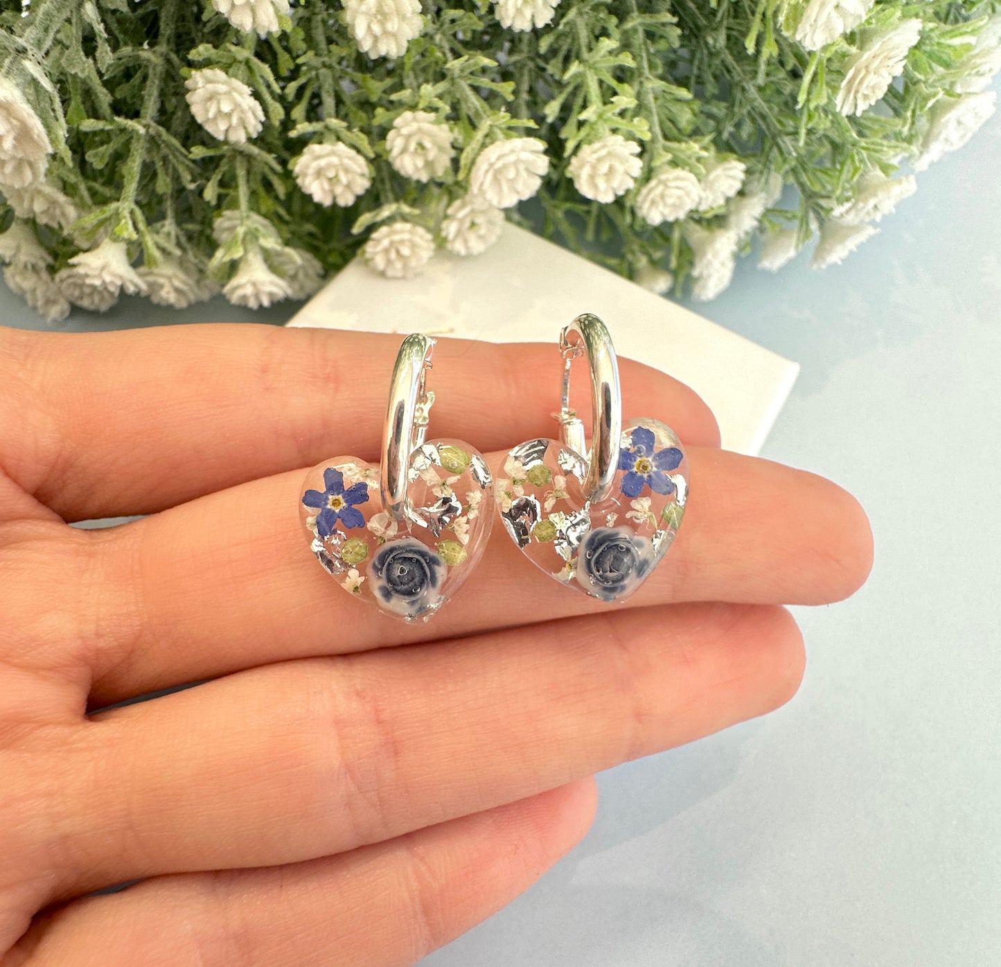 Mini Powder Blue Forget me not heart hoop earrings.