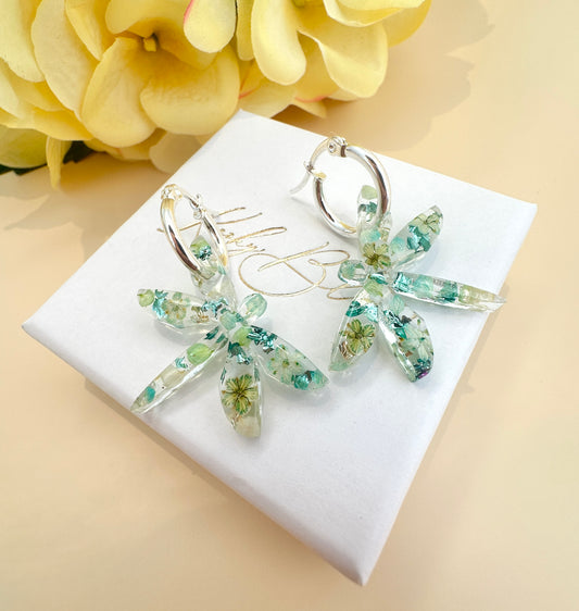 Dragonfly blue green Flower hoop earrings.