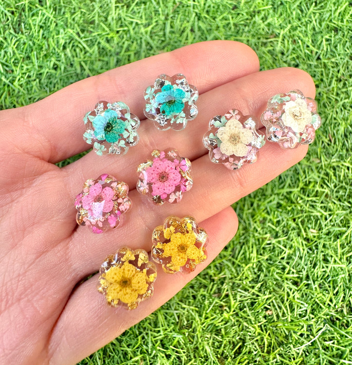 Colourful Blossom bloom flower Sterling silver stud earrings.