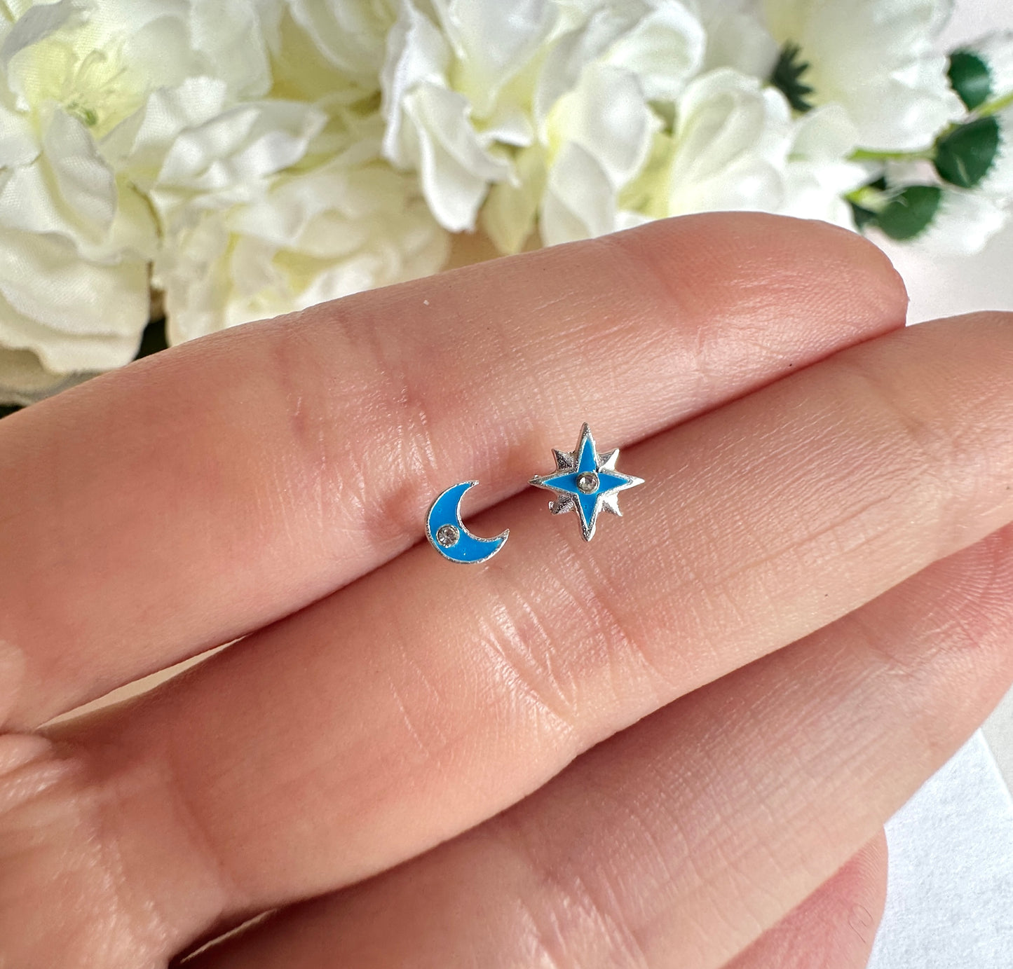 925 sterling silver Blue moon & star stud earrings.