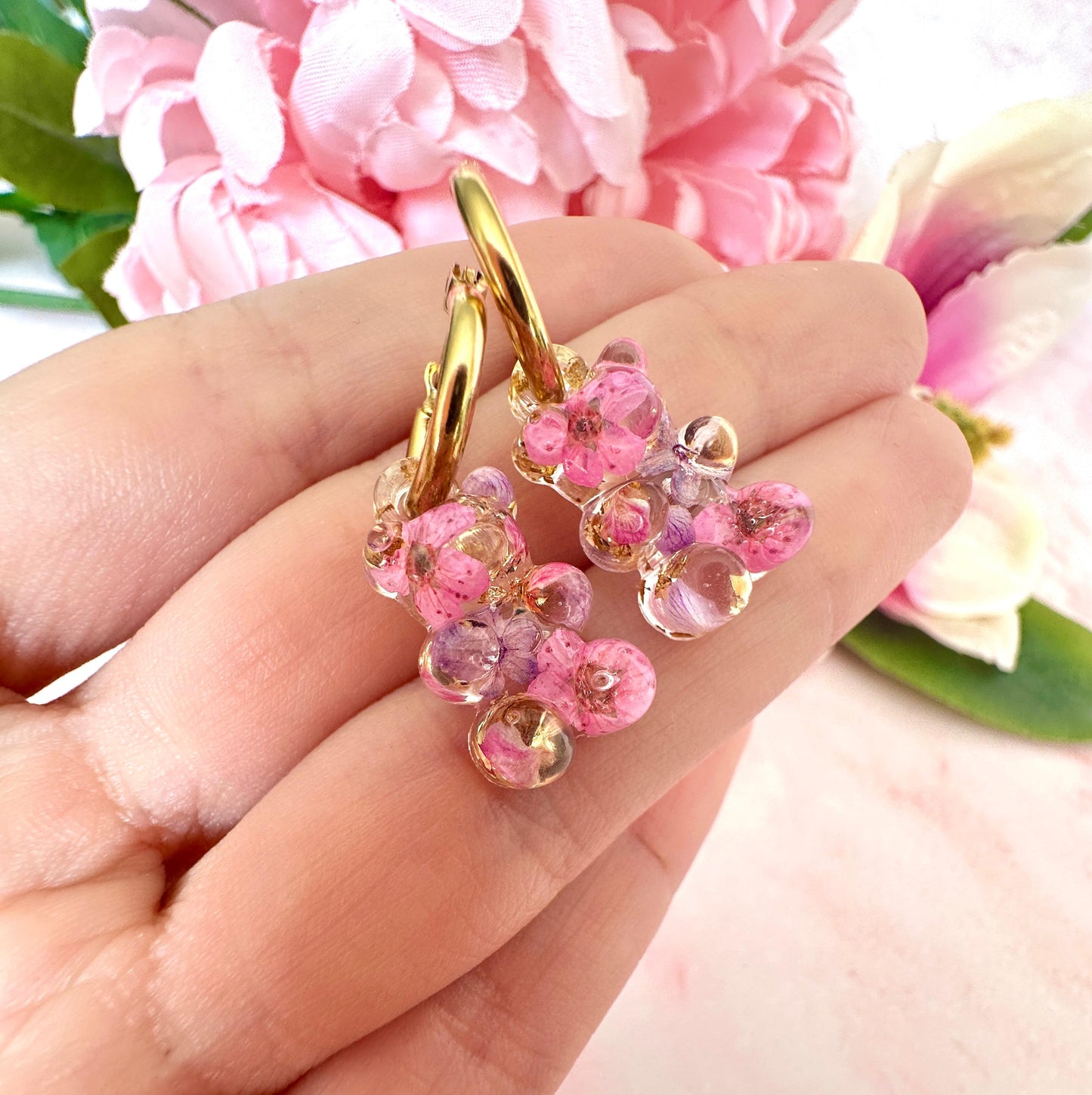 Gummy Bloom Bear hoop earrings.