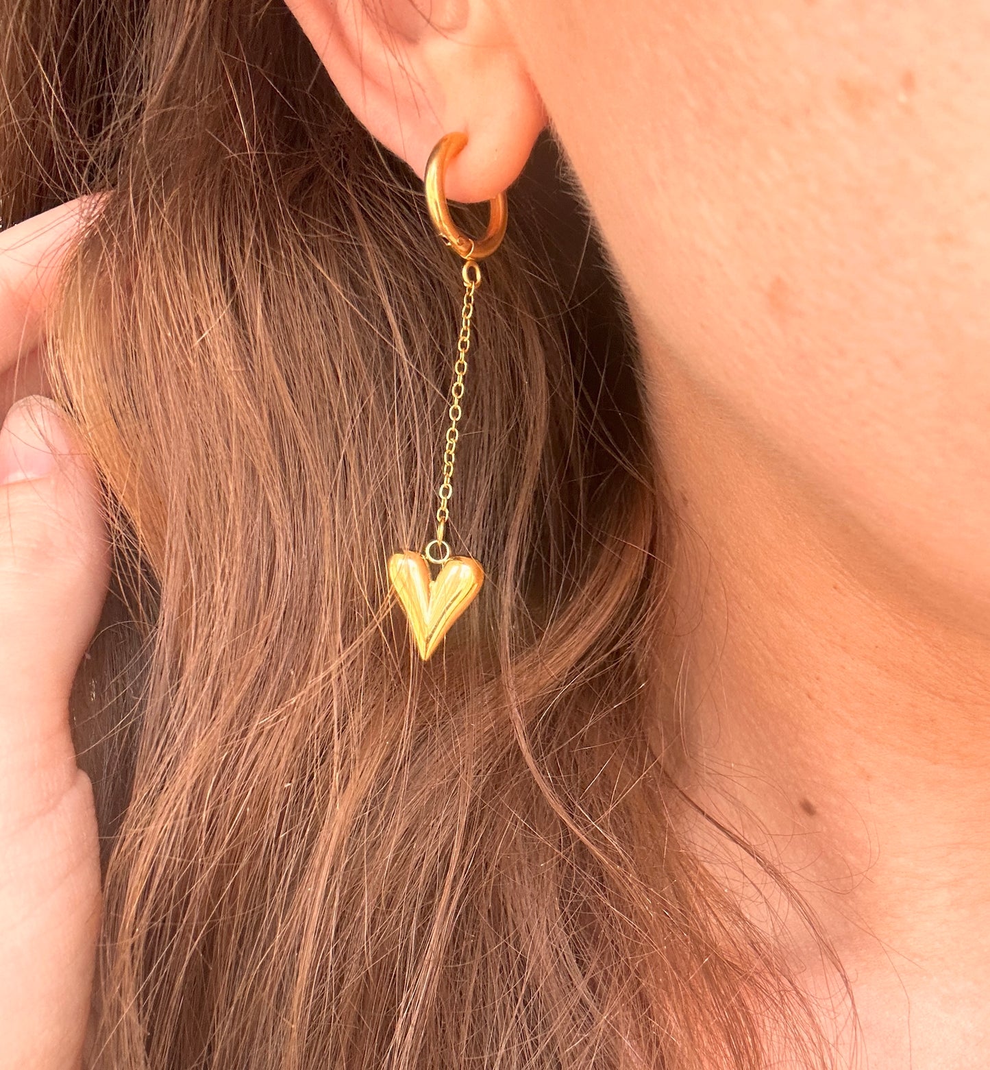 Gold Drop chain Heart huggie hoop earrings.