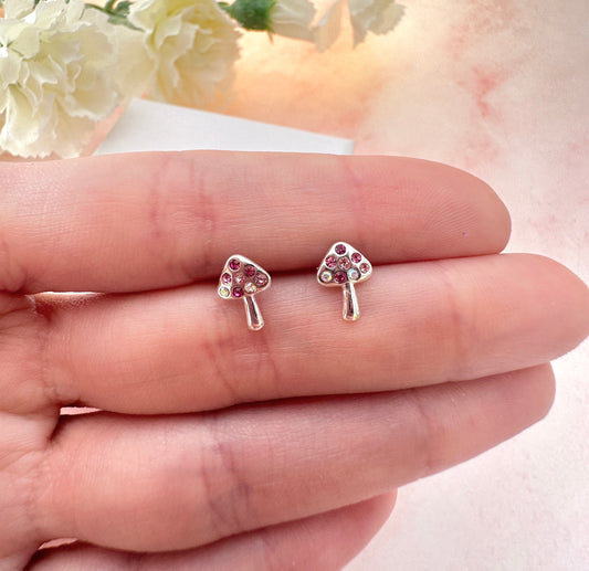 925 Sterling silver pink diamante Toadstool stud earrings.