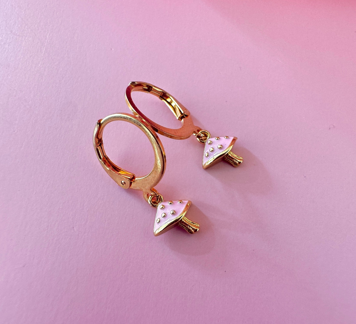 Tiny Pink Toadstool Gold huggie earrings