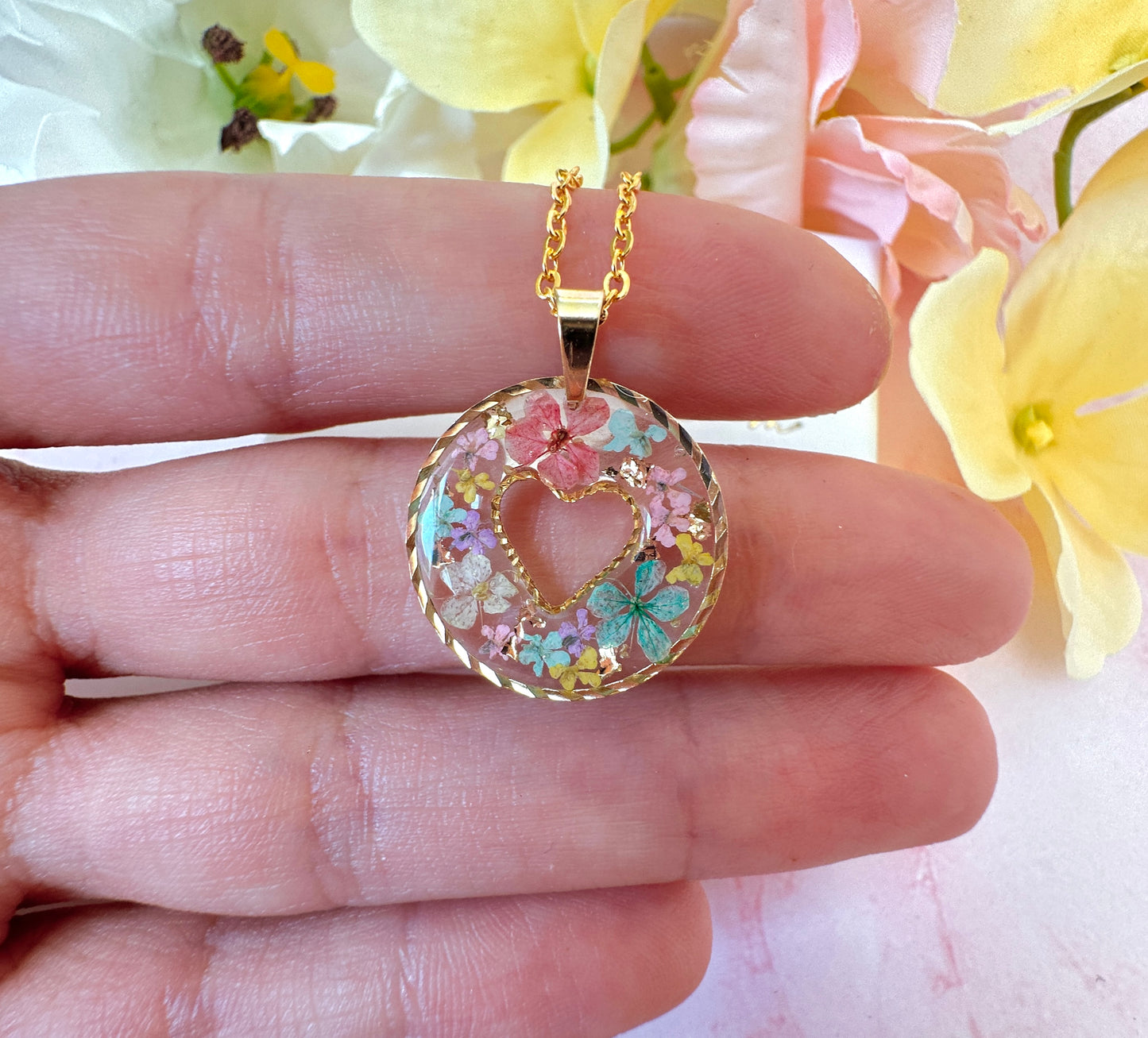 Gold Pastel confetti flower Heart necklace.