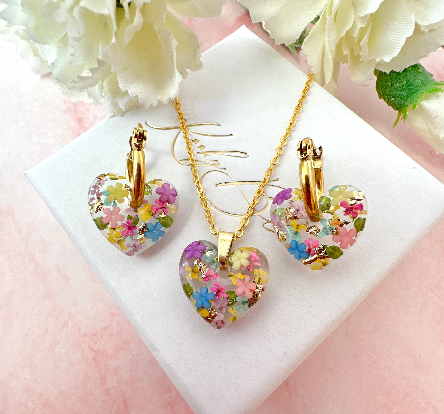 Gold Rainbow Burst bloom Heart Necklace