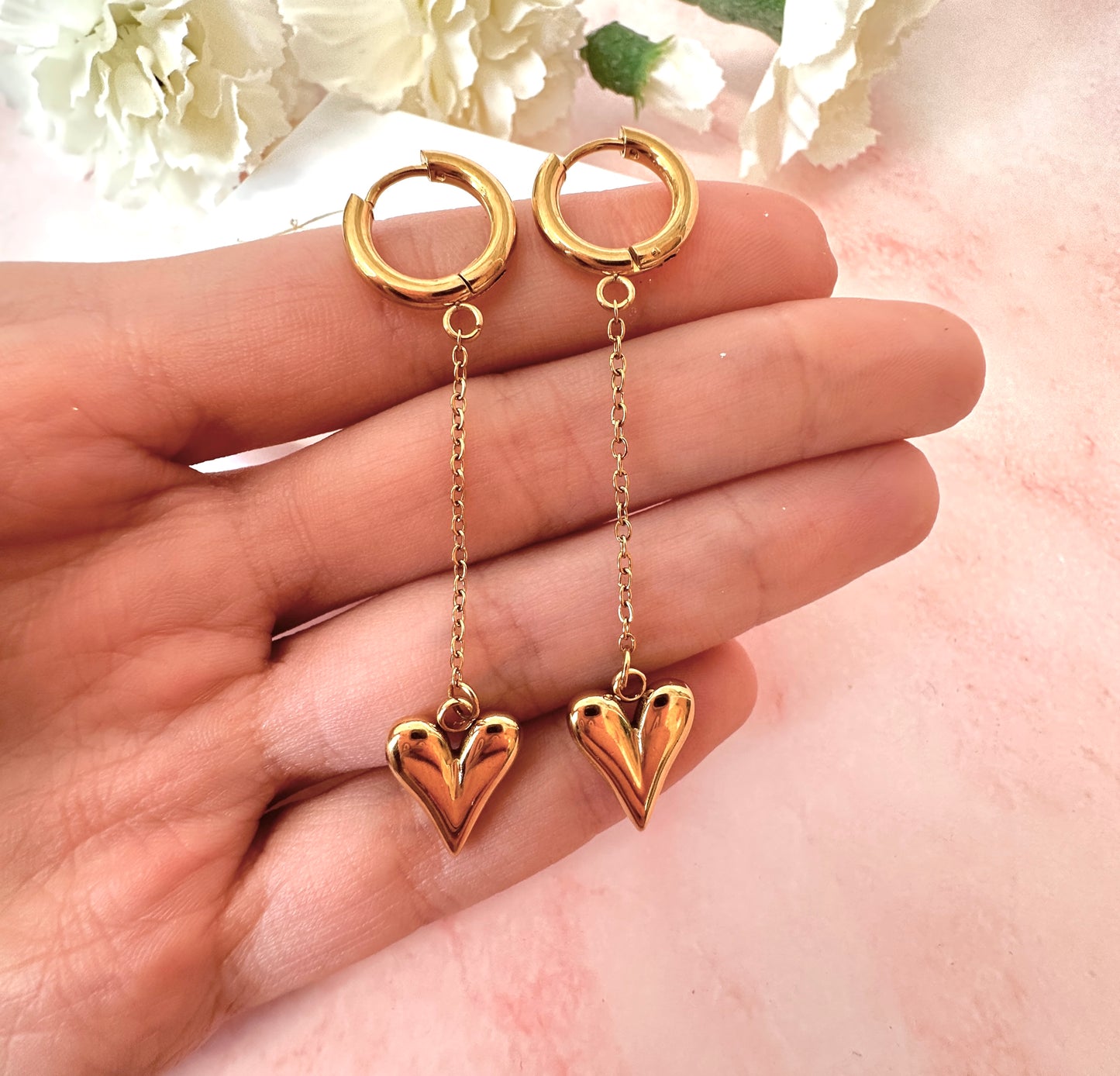 Gold Drop chain Heart huggie hoop earrings.