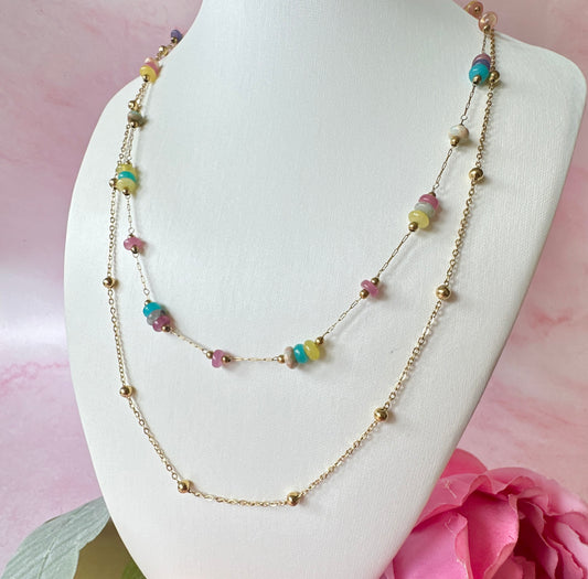 Gold Multicoloured gemstone bead layered necklace.