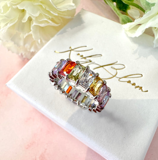 Silver Multicoloured rectangle Stone band ring.