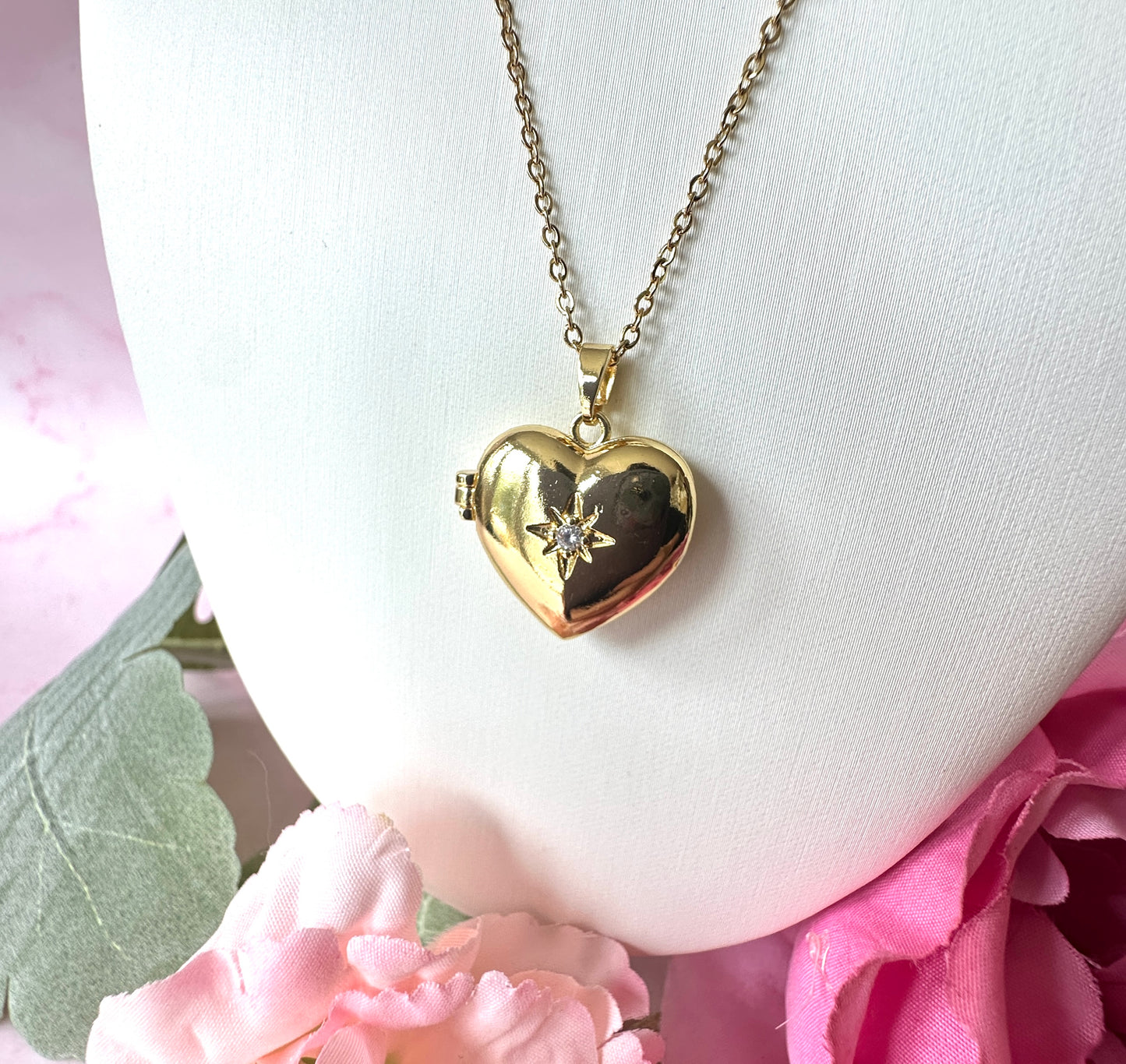 Gold CZ stone Heart Locket Necklace.