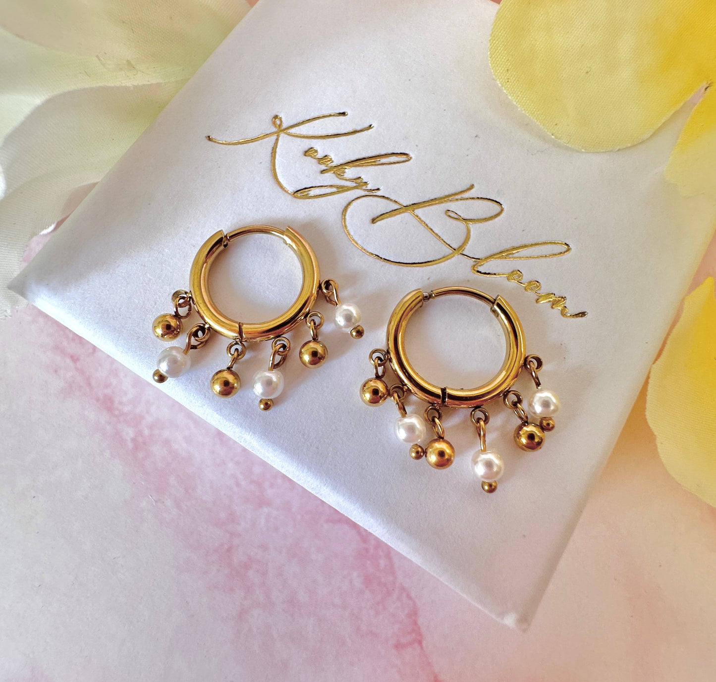 Gold Pearl chandelier huggie hoop earrings.