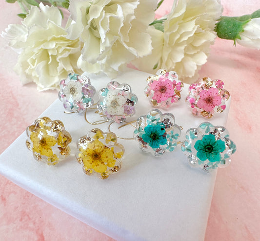 Colourful Blossom bloom flower Sterling silver stud earrings.