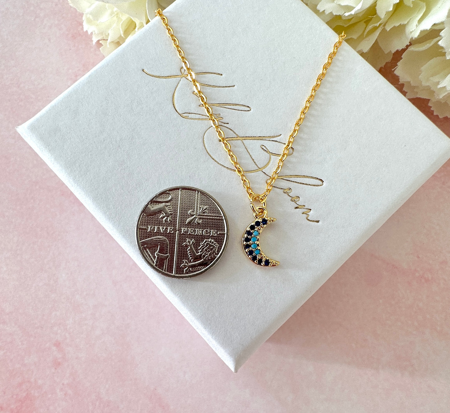 Gold tiny blue stone Moon Necklace.