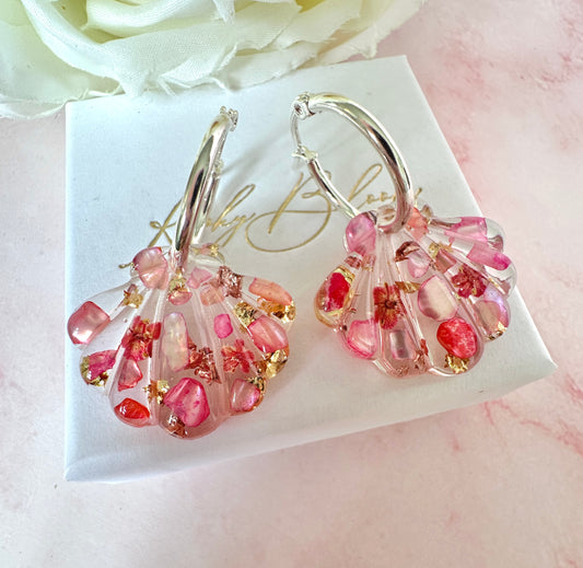Pink Coral Seashell bloom hoop earrings.