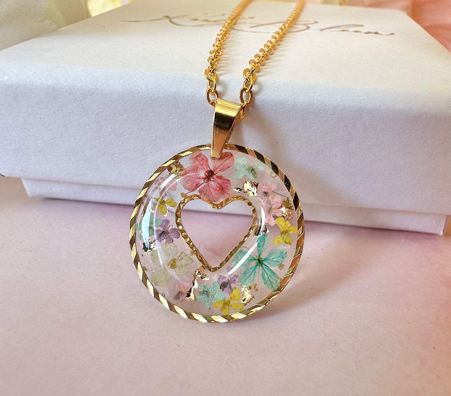 Gold Pastel confetti flower Heart necklace.