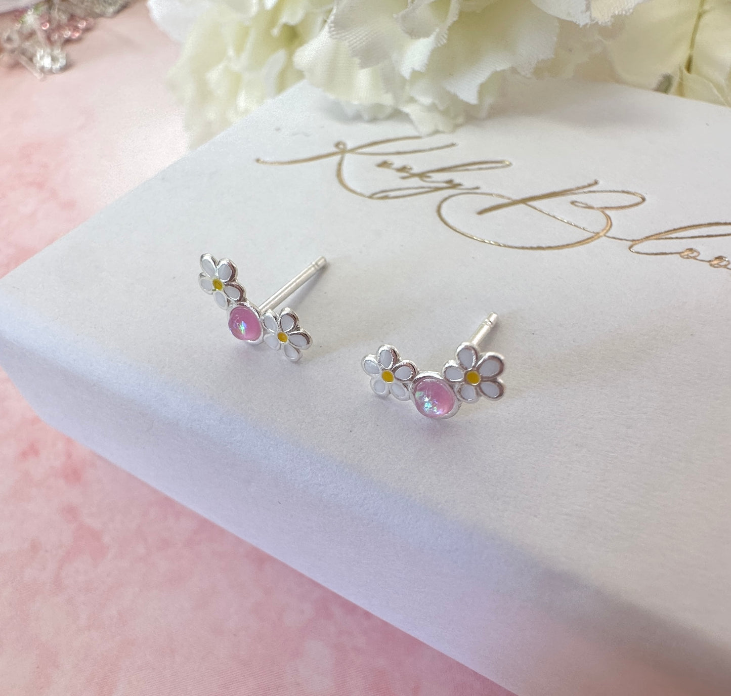925 Sterling silver pink opal Daisy  climber stud earrings.