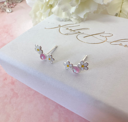 925 Sterling silver pink opal Daisy  climber stud earrings.