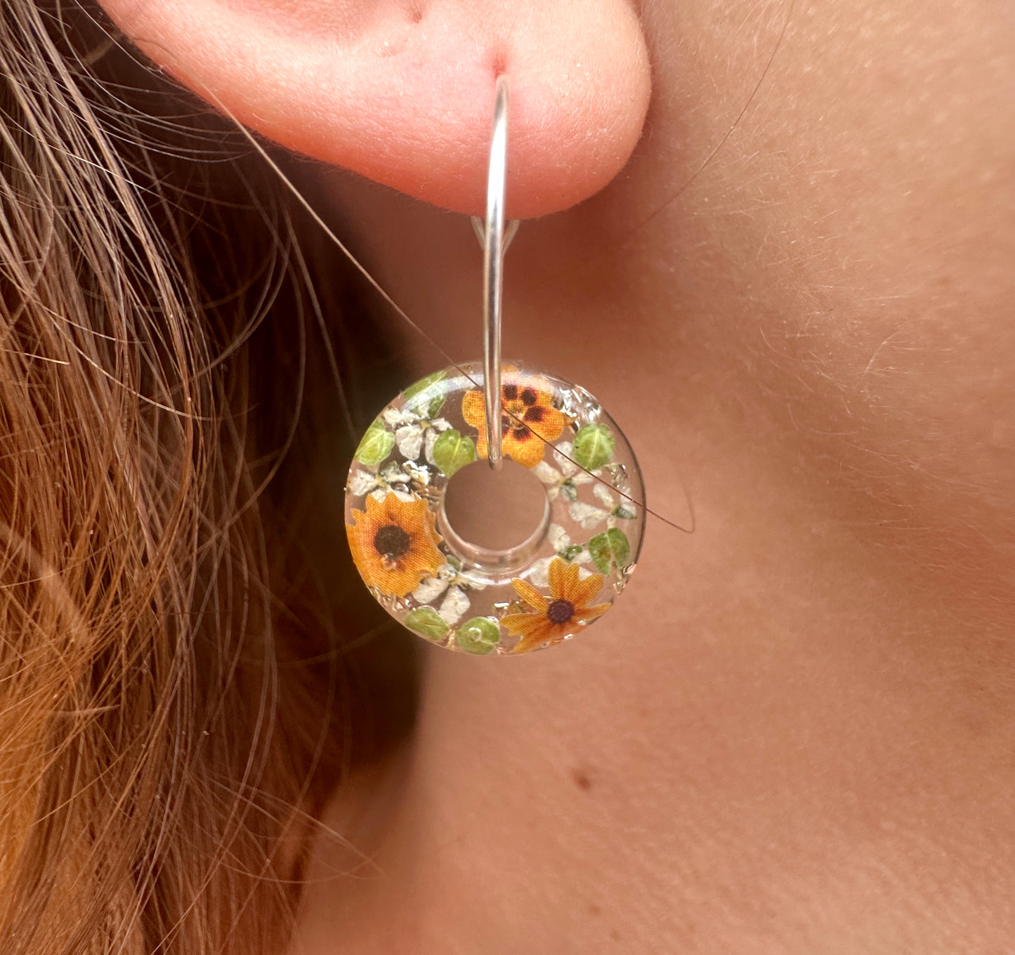 Sunflower Donut Hoop earrings.