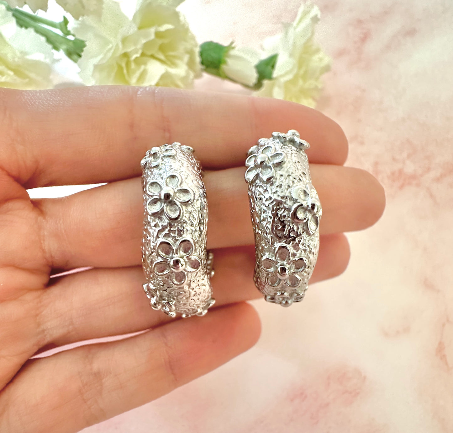 Silver Chunky organic Flower hoop earrings.