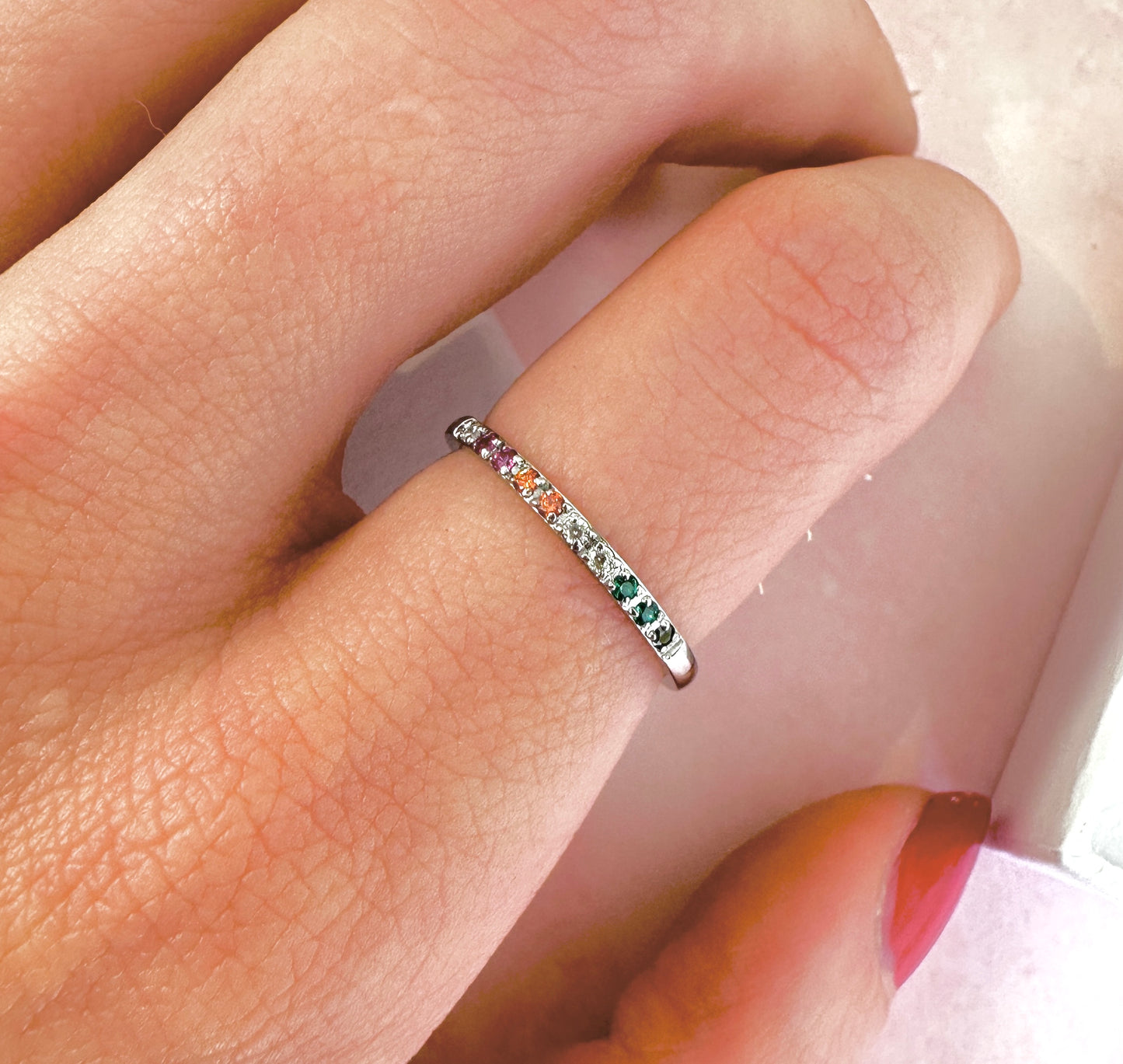 Silver Tiny rainbow stone ring.