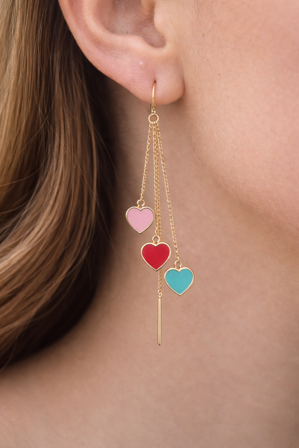 Gold Colourful heart drop thread through earrings.