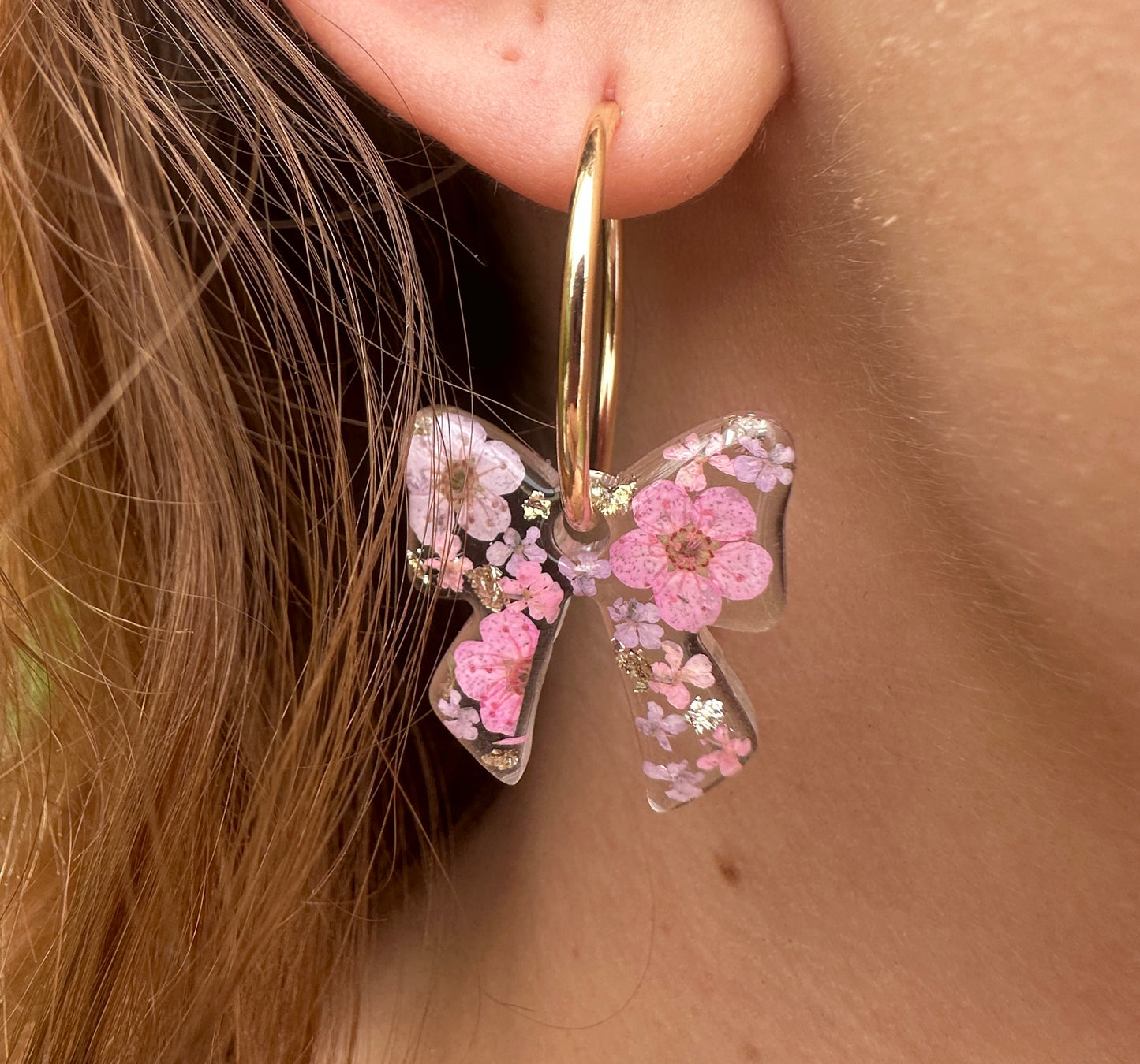 Pink Lilac Bloom Bow Hoop earrings.