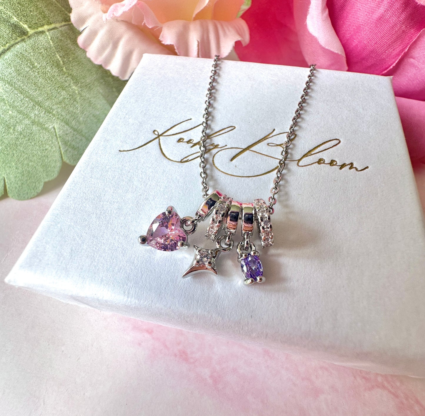 Silver Lilac Pink Cz Heart & Star charm cluster necklace.