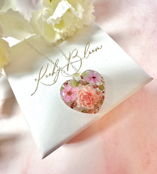 Blush pink blossom Silver Heart necklace.