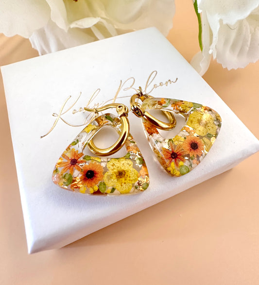 Sunflower Triangle bloom hoop earrings.