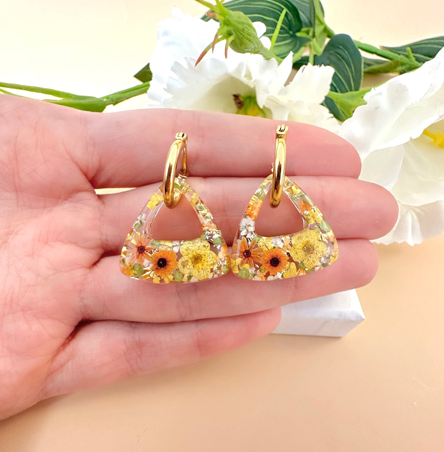 Sunflower Triangle bloom hoop earrings.