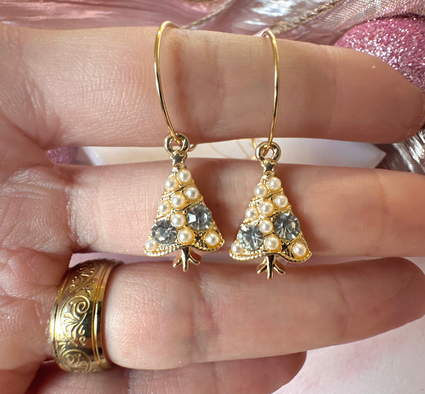 Gold Pearl Christmas Tree hoop earrings