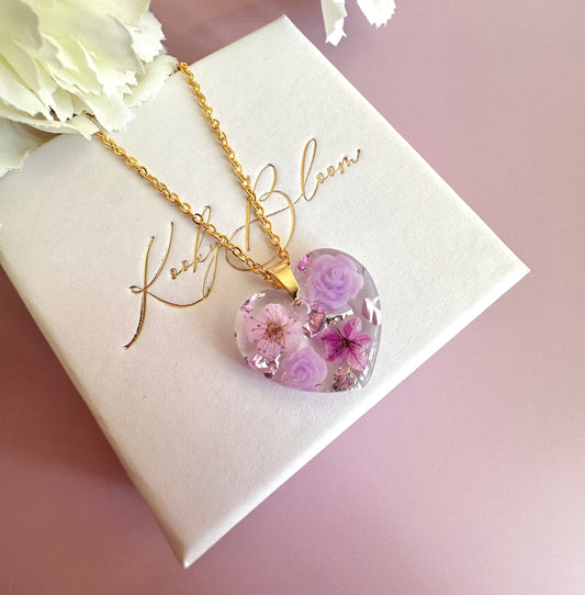 Gold Lilac Rose blossom heart Necklace