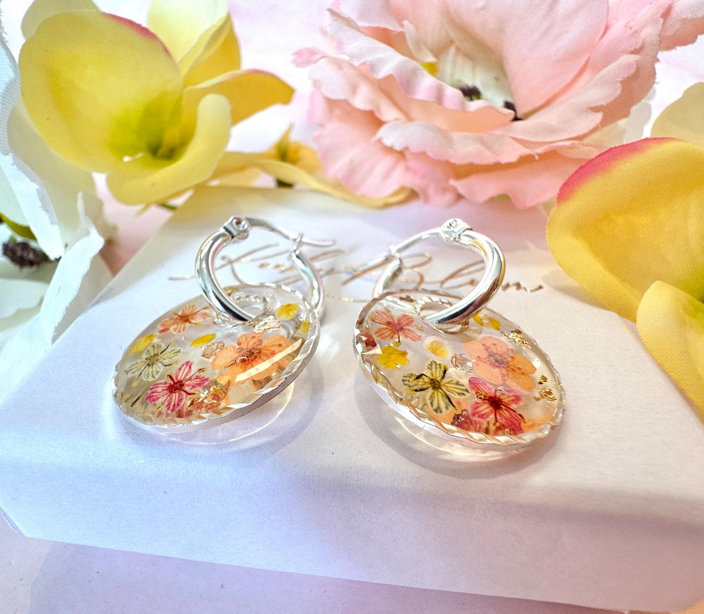 Tutti Frutti Bloom disc silver hoop Earrings.