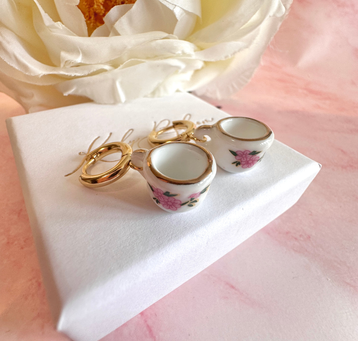 Pink Floral ceramic Teacup earrings.