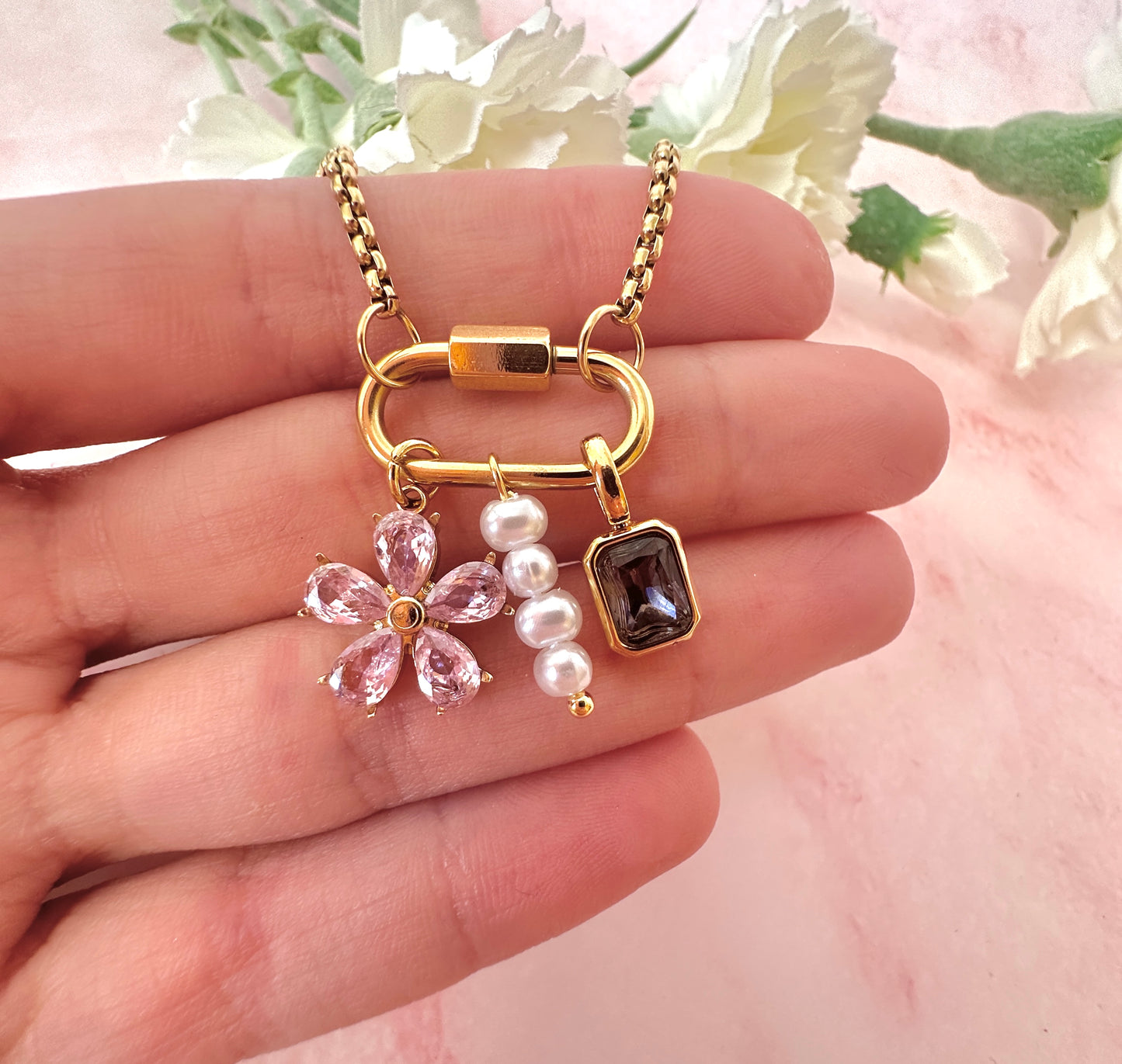 Gold pink flower pearl Charm necklace.