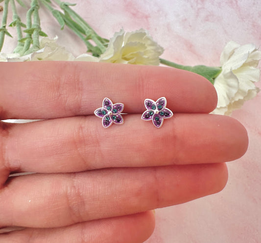 925 sterling silver Purple Turquoise flower stud earrings.