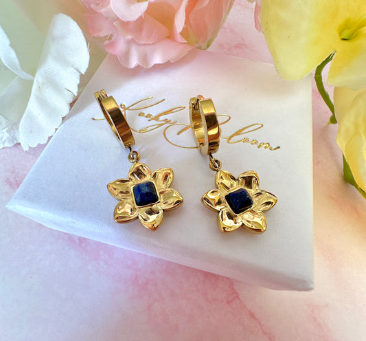 Gold Blue stone Flower Huggie earrings.