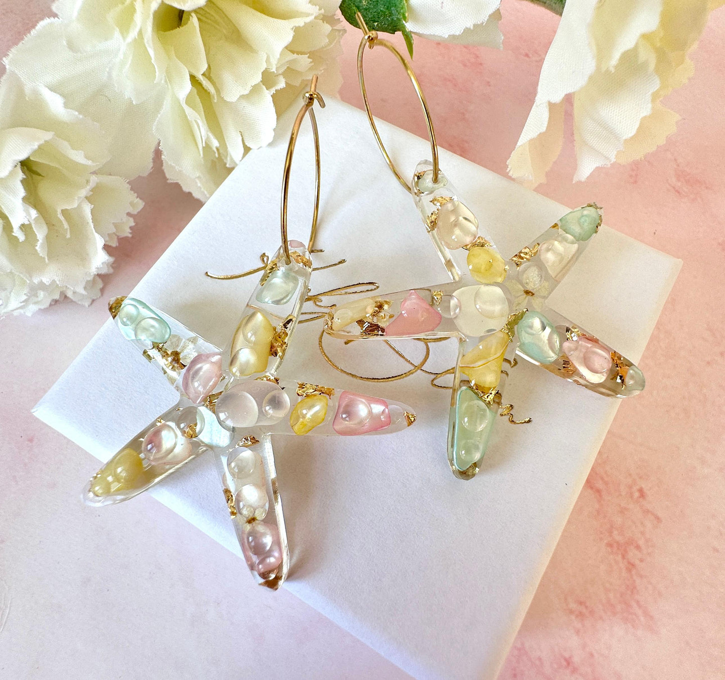 Starfish Seashell Gold hoop Earrings.