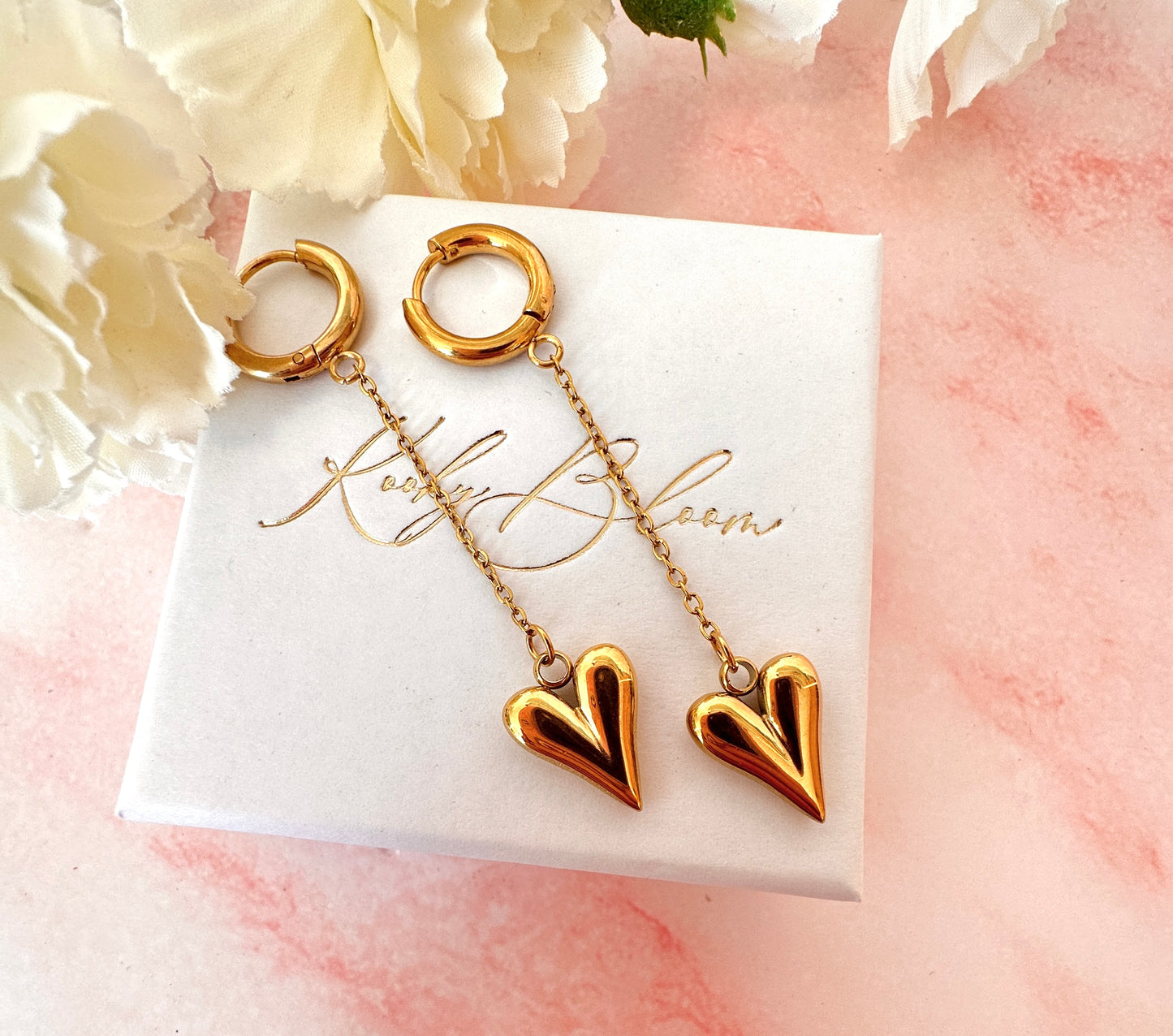 Gold Drop chain Heart huggie hoop earrings.