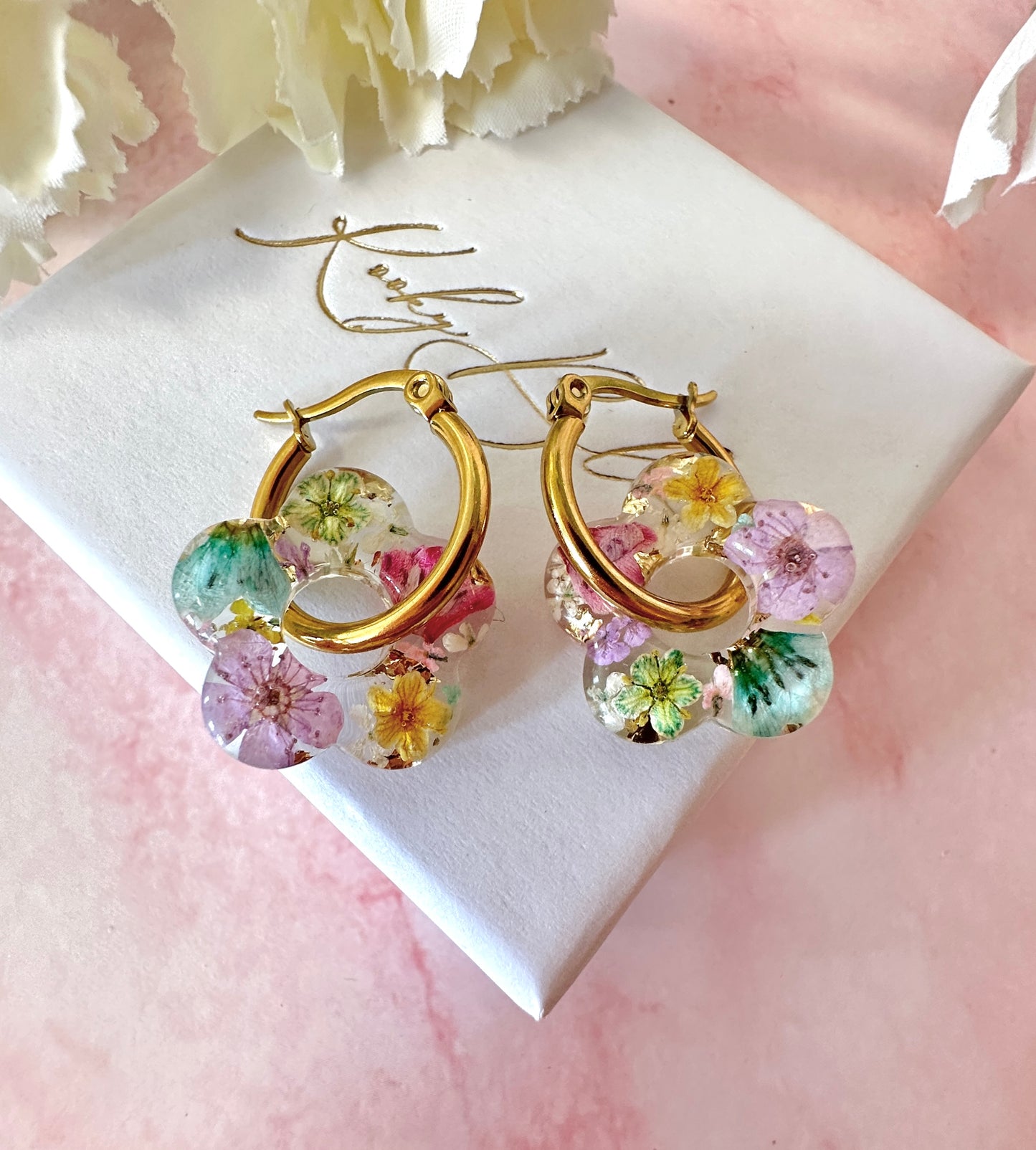 Watercolour Bloom Flower Donut Hoop earrings.