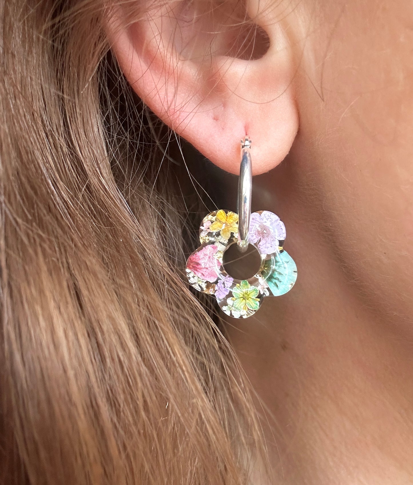 Watercolour Bloom Flower Donut Hoop earrings.