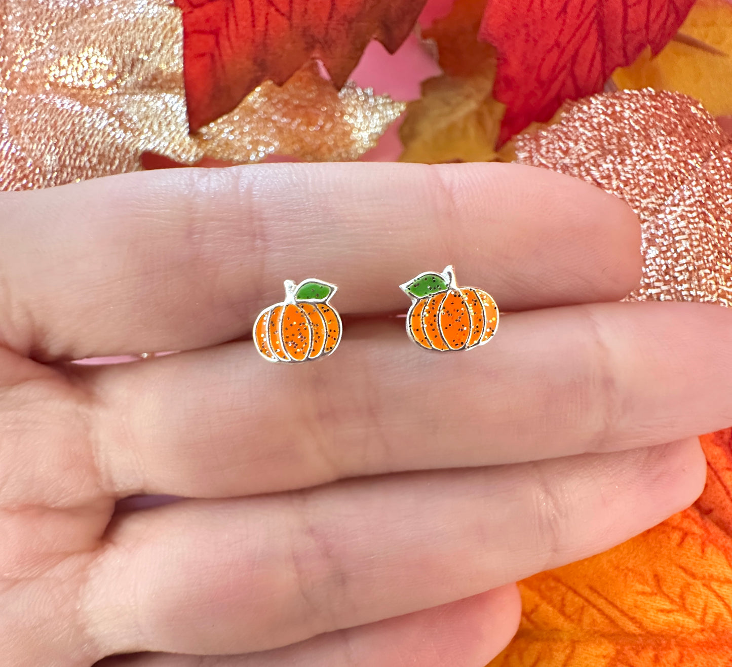 925 sterling silver sparkle Pumpkin stud earrings.