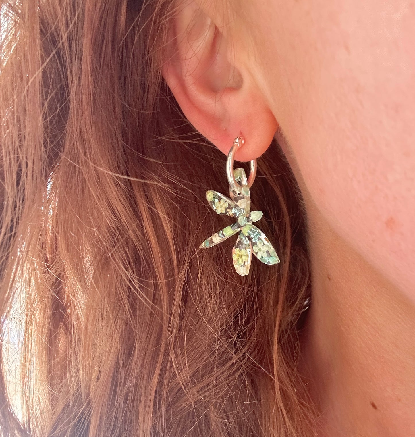 Dragonfly blue green Flower hoop earrings.