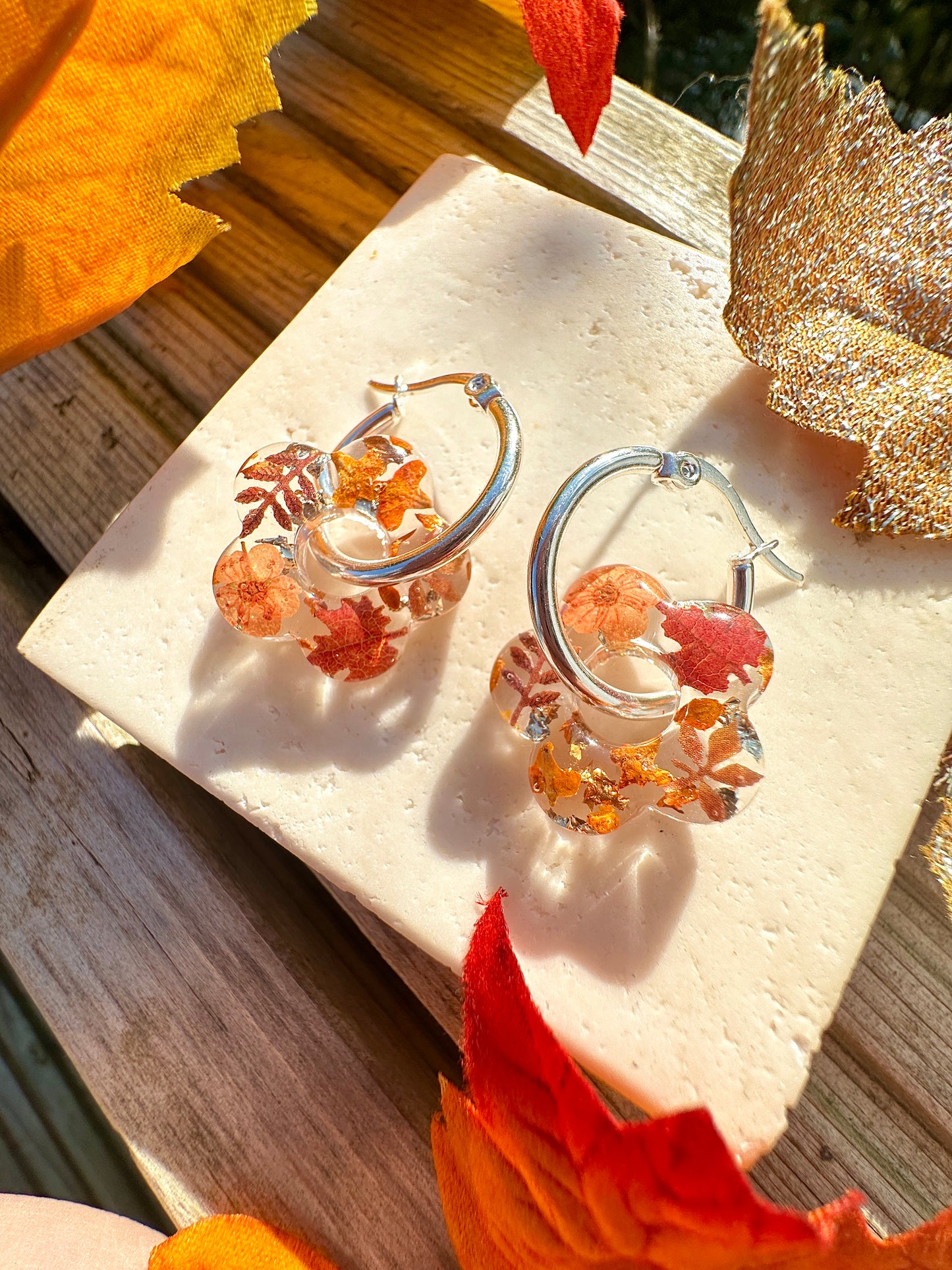 Amber Bloom autumn flower earrings.