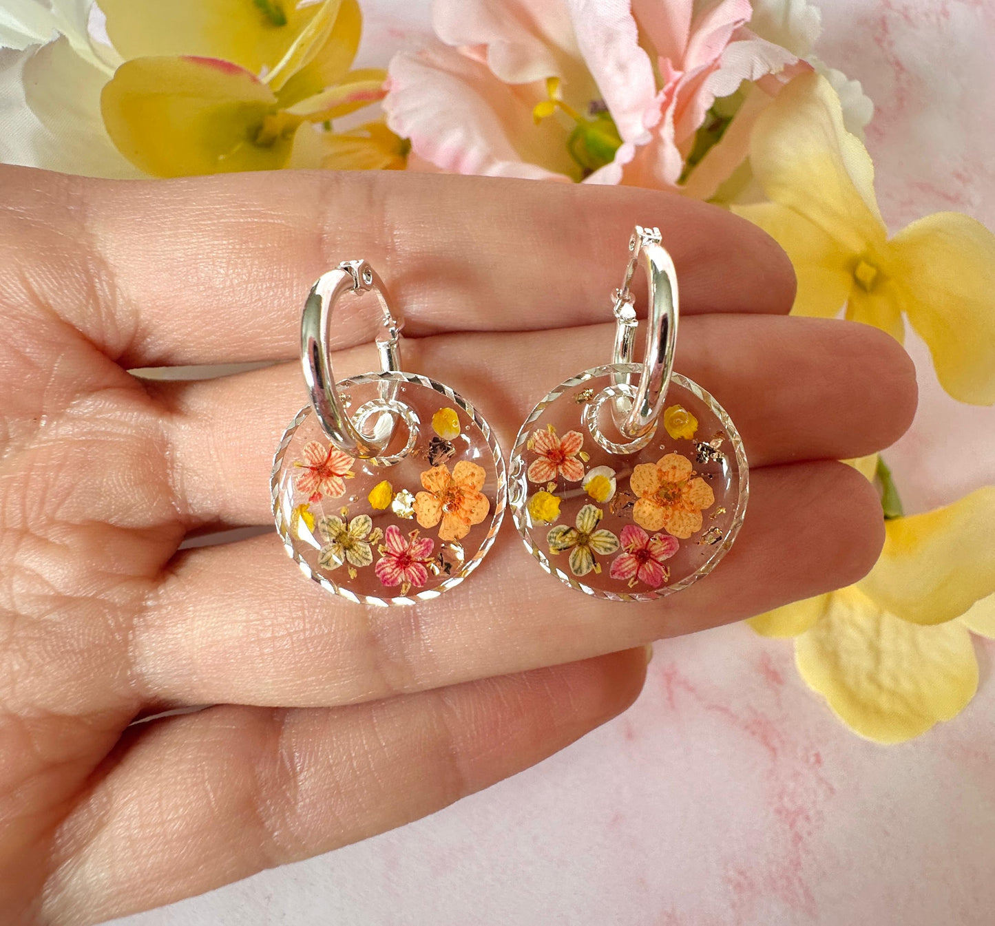 Tutti Frutti Bloom disc silver hoop Earrings.